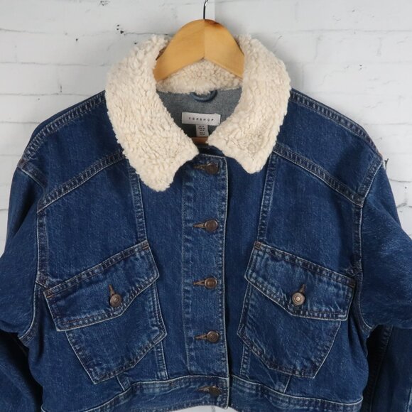 TOPSHOP BLUE DENIM CROPPED JEAN JACKET WITH SHERPA COLLAR SIZE 8 NWOT - Picture 5 of 7